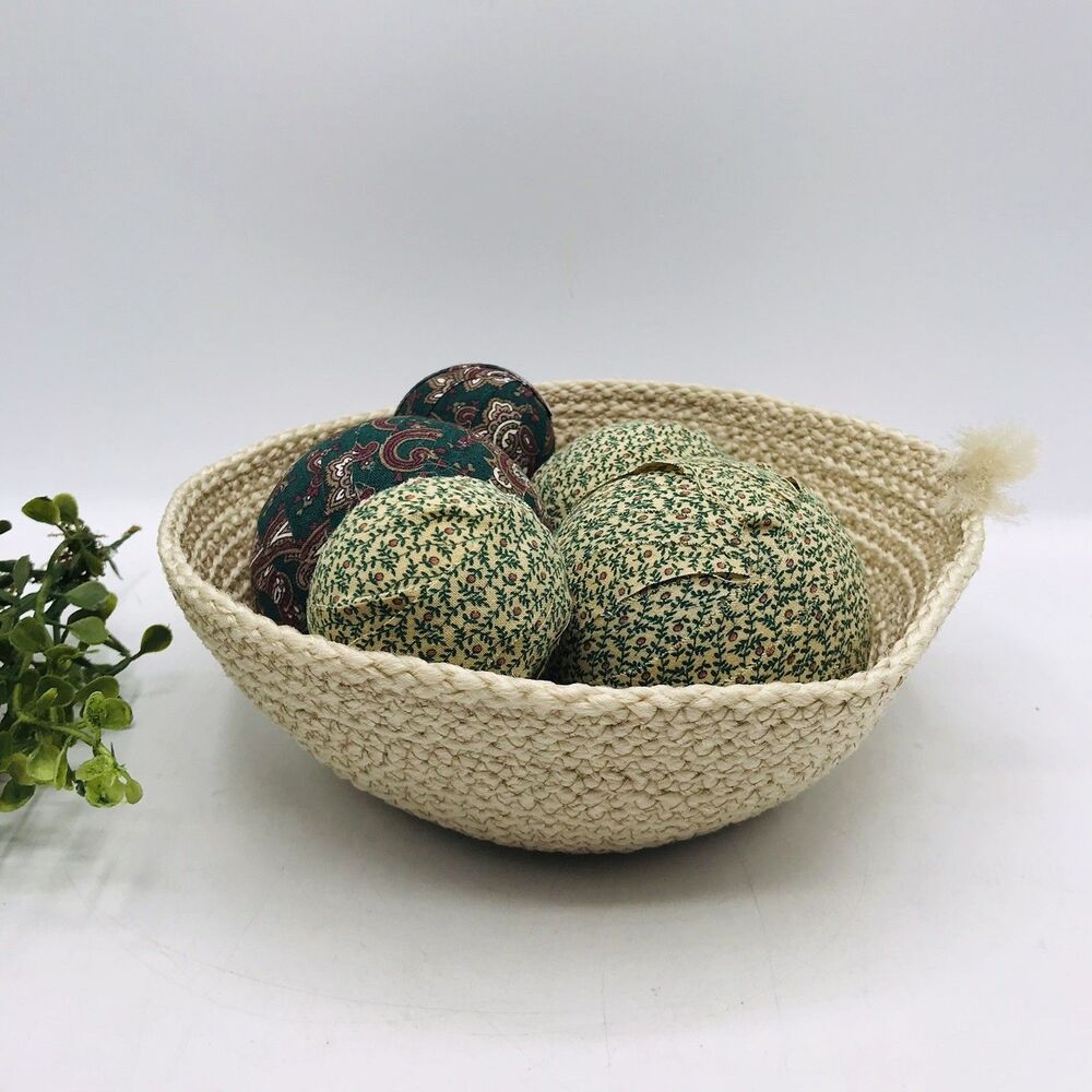 Rope Basket Beige Cream with 5 Vintage Style Balls in Green Handmade 7x7x2.5